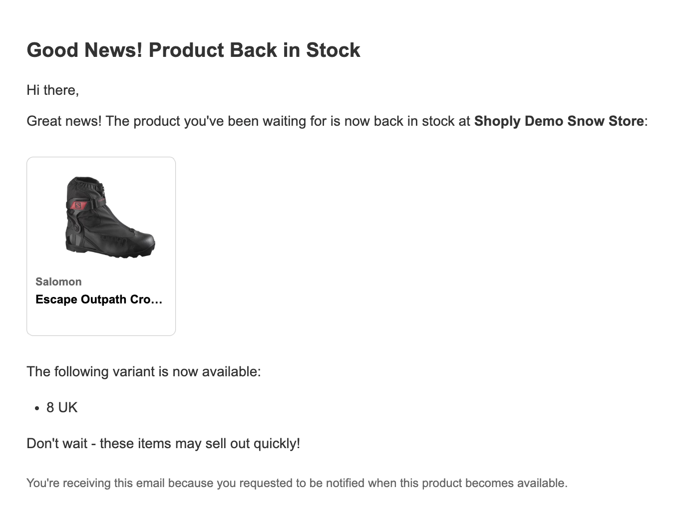 Email notification for specific ski boot size back in stock