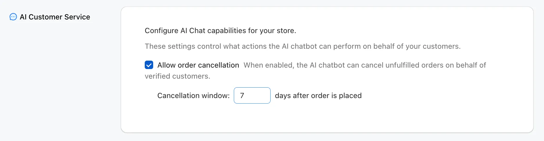 AI Customer Service settings showing order cancellation toggle
