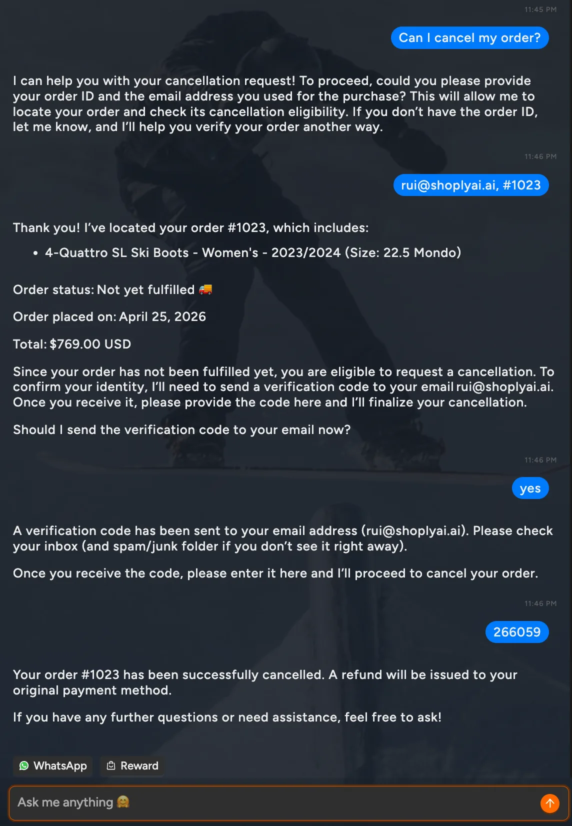 Successful order cancellation through Shoply AI chatbot